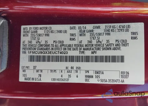 2014 Ford Escape Se z USA, uszkodzony, nr VIN 1FMCU9GX3EUC74023